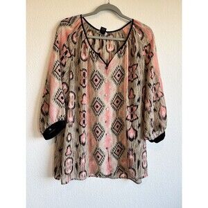 Multiples Womens Aztec Diamond Black Pink Sheer Button Down Blouse 3/4 Sleeve XL
